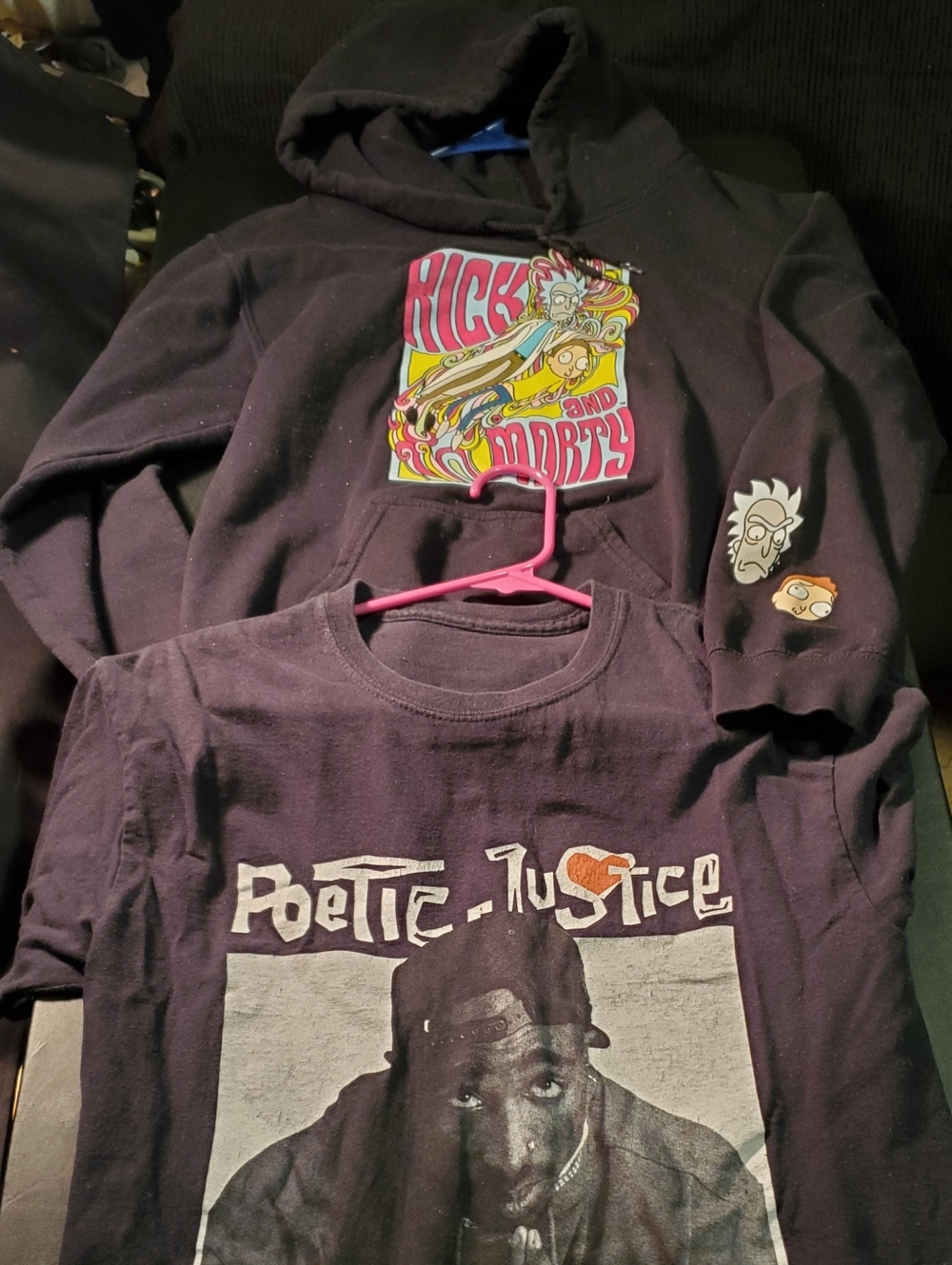 Black 2pac Shirt Size?  /Rick and Morty Hoodie with Multicolor Graphic Size S